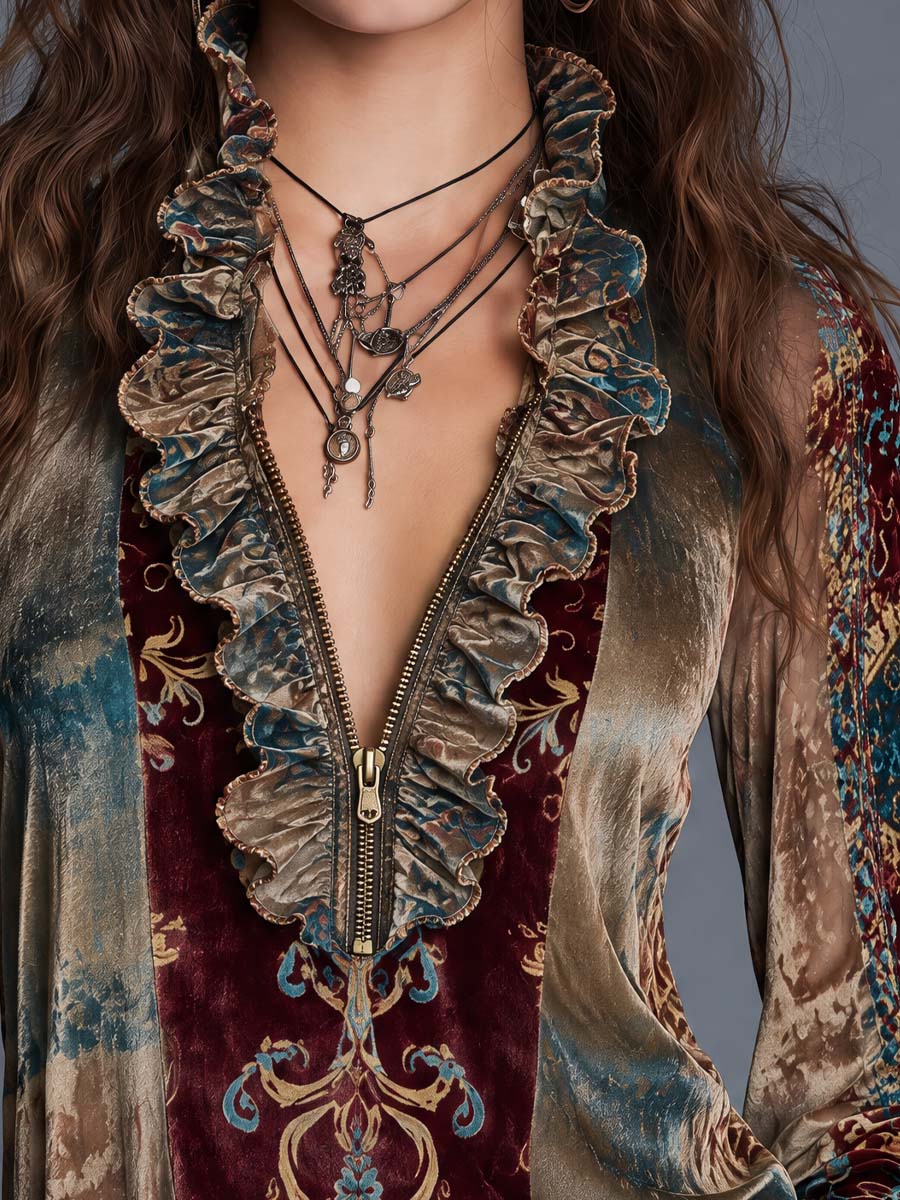 Βελούδινη Μπλούζα με Boho Paisley Εκτύπωση, Μπροστινό Φερμουάρ και Ρίγες