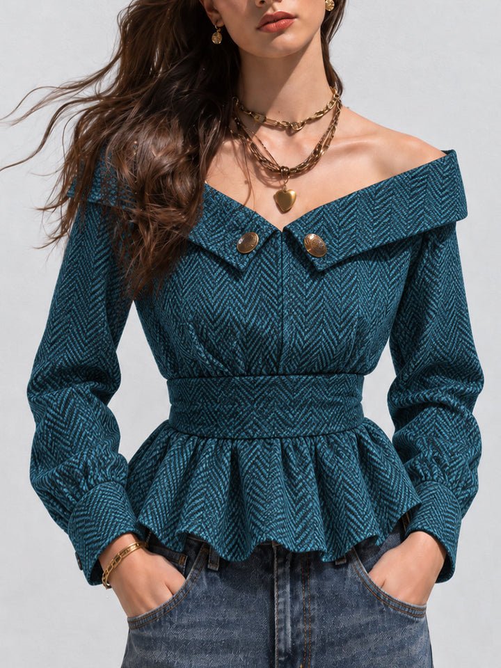 Off-Shoulder Μπλούζα Τεαλί Μποέμ με Πέπλο και Τζακάρ