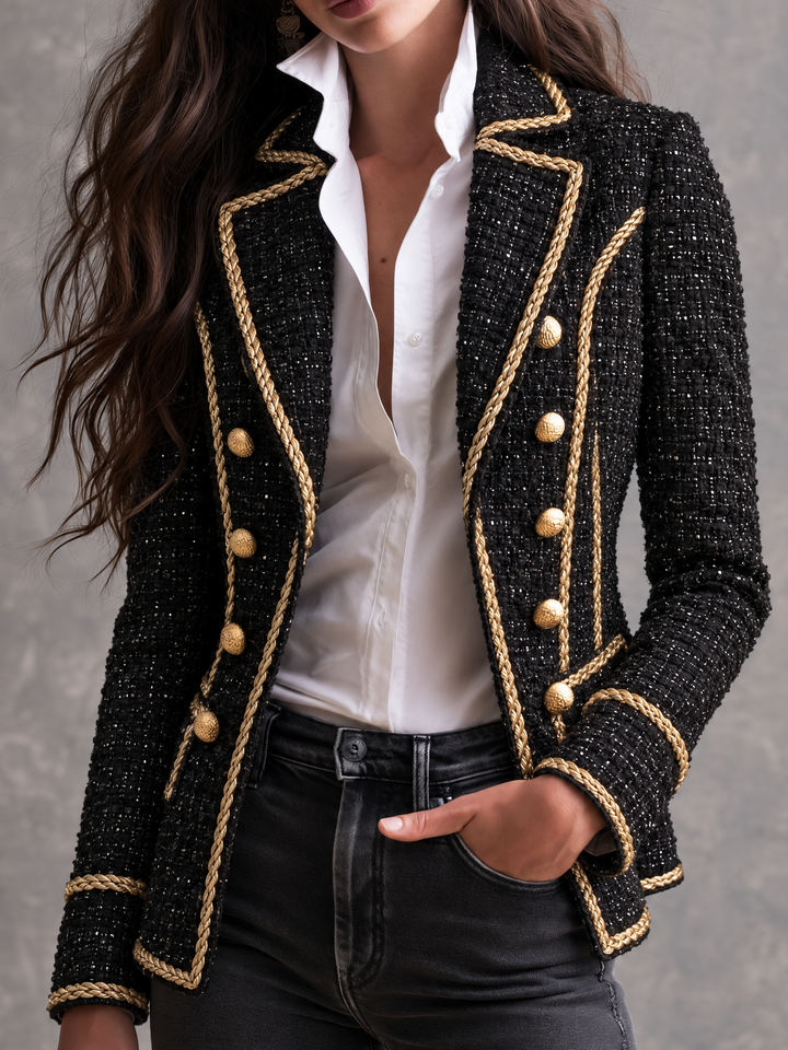 Vintage Μαύρο Tweed Παλτό με Χρυσό Κορδόνι και Διπλή Στήθους