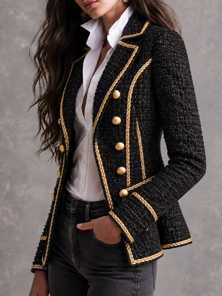 Vintage Μαύρο Tweed Παλτό με Χρυσό Κορδόνι και Διπλή Στήθους