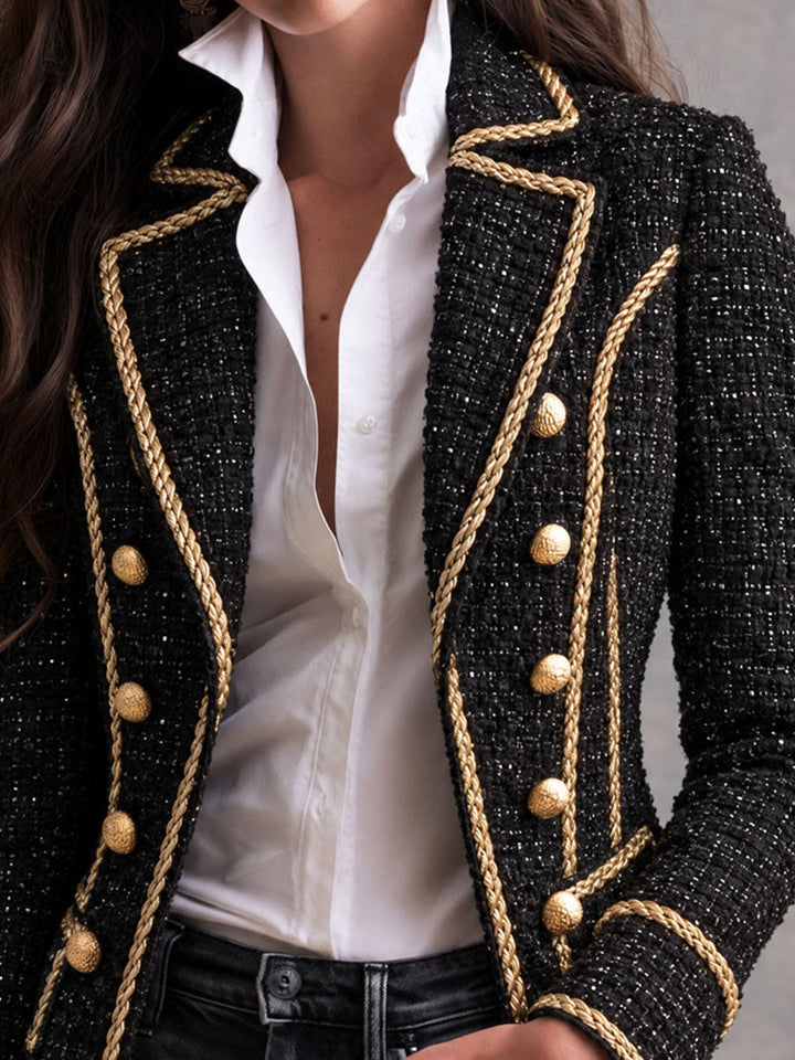Vintage Μαύρο Tweed Παλτό με Χρυσό Κορδόνι και Διπλή Στήθους