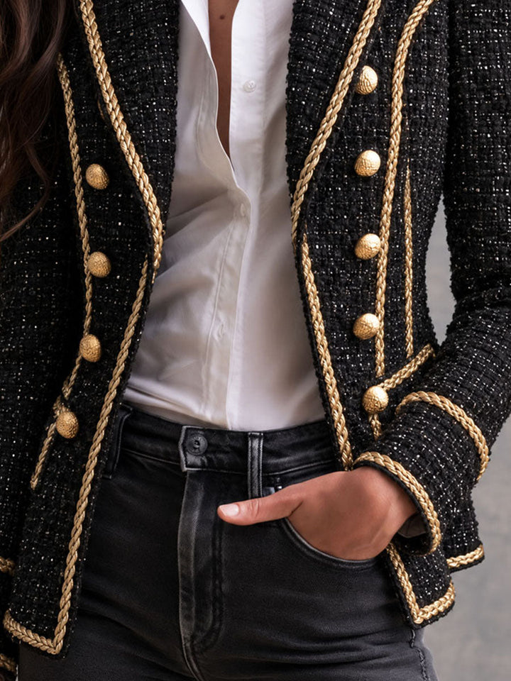 Vintage Μαύρο Tweed Παλτό με Χρυσό Κορδόνι και Διπλή Στήθους