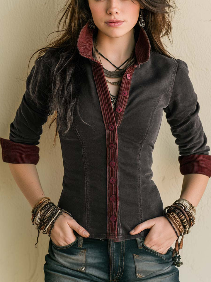 Retro-Inspired Denim Blouse with Corduroy Trim
