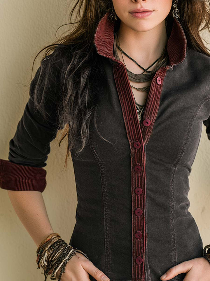 Retro-Inspired Denim Blouse with Corduroy Trim