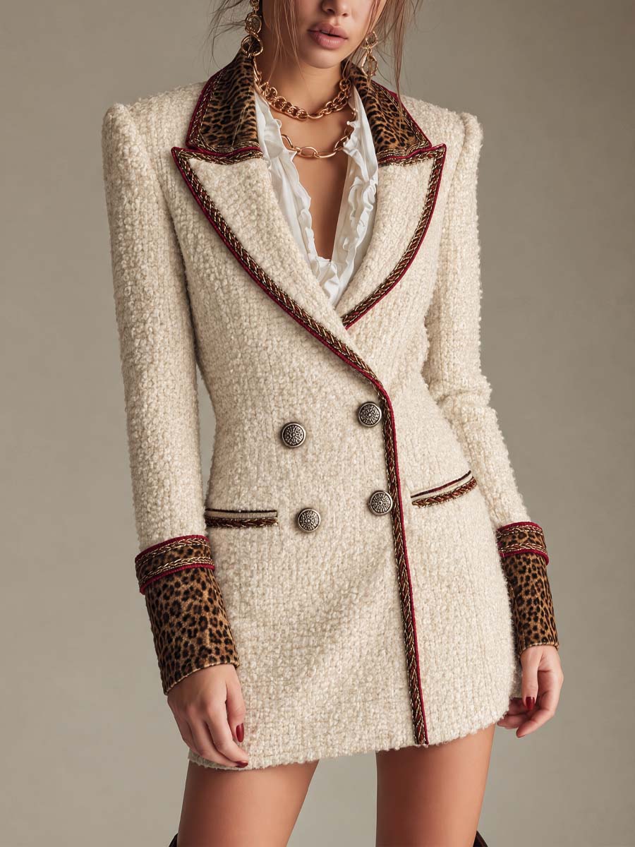 Μίνι Φόρεμα Blazer από Tweed με Λεοπάρ Σατέν Τελείωμα και Χρυσή Αλυσίδα