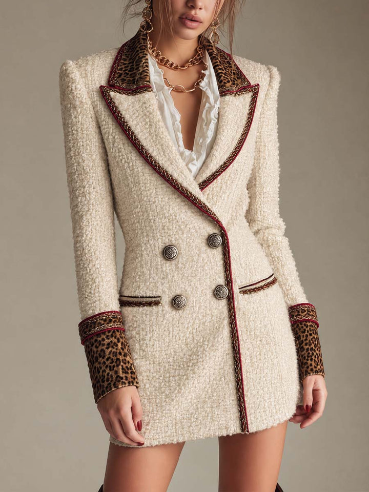 Μίνι Φόρεμα Blazer από Tweed με Λεοπάρ Σατέν Τελείωμα και Χρυσή Αλυσίδα