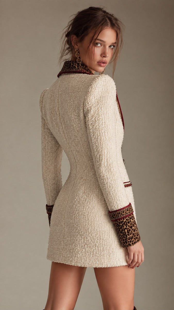 Μίνι Φόρεμα Blazer από Tweed με Λεοπάρ Σατέν Τελείωμα και Χρυσή Αλυσίδα