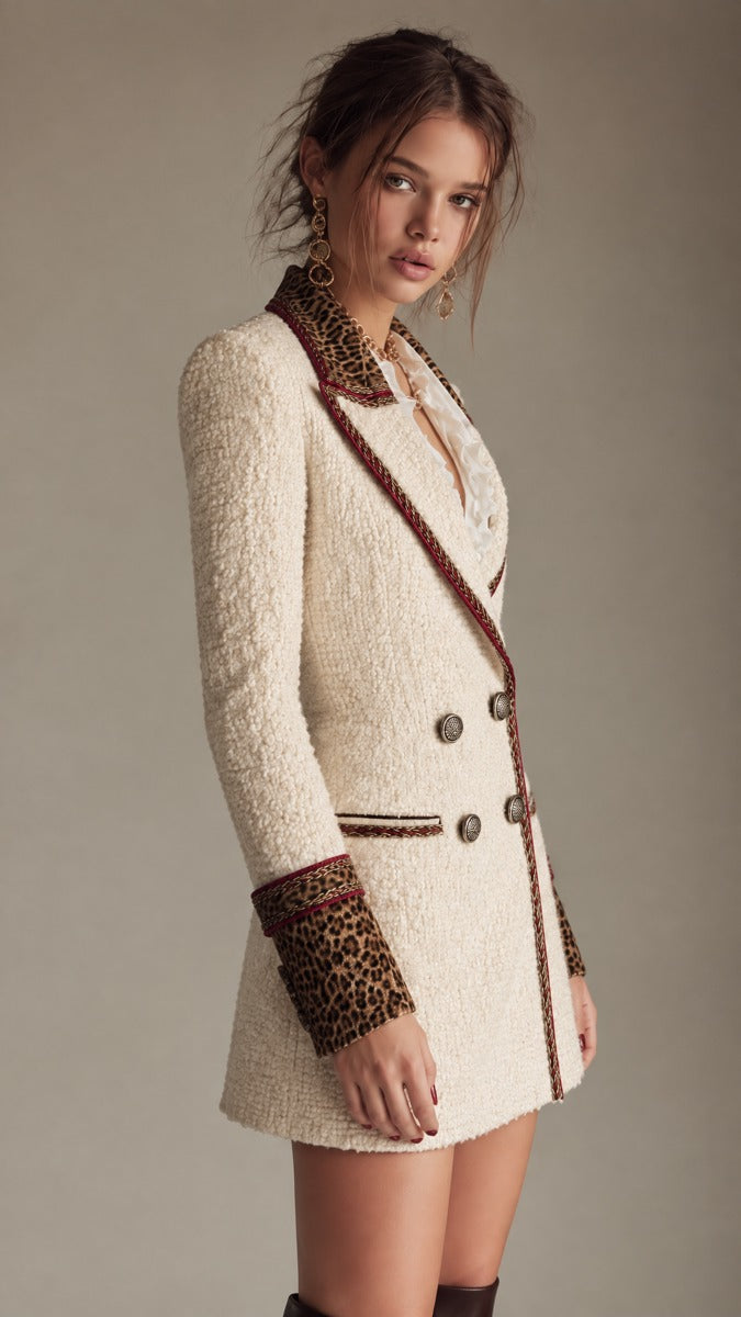 Μίνι Φόρεμα Blazer από Tweed με Λεοπάρ Σατέν Τελείωμα και Χρυσή Αλυσίδα