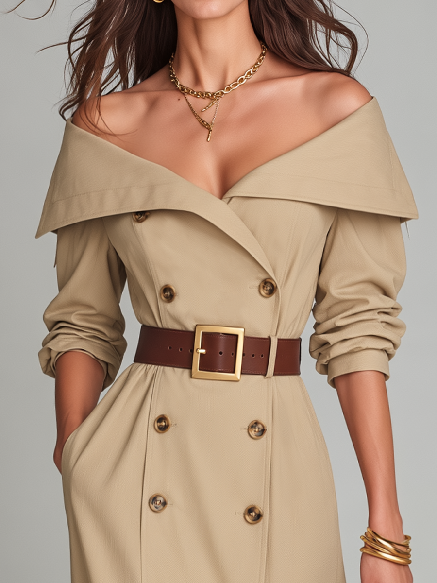 Κομψό Μπεζ Μίντι Φόρεμα Off-Shoulder με Ζώνη