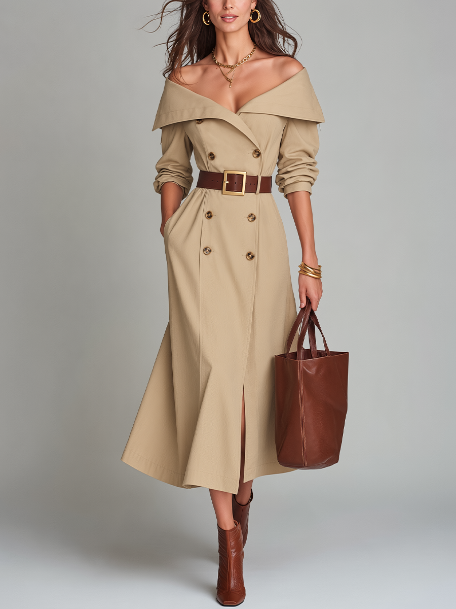 Κομψό Μπεζ Μίντι Φόρεμα Off-Shoulder με Ζώνη