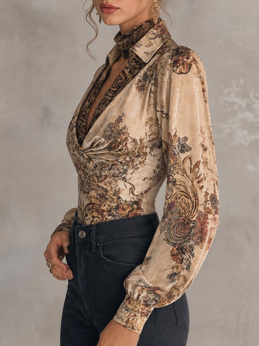 Retro Floral Wrap Blouse with Bishop Sleeves