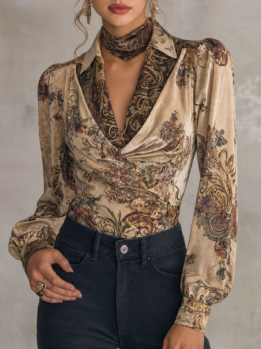Retro Floral Wrap Blouse with Bishop Sleeves