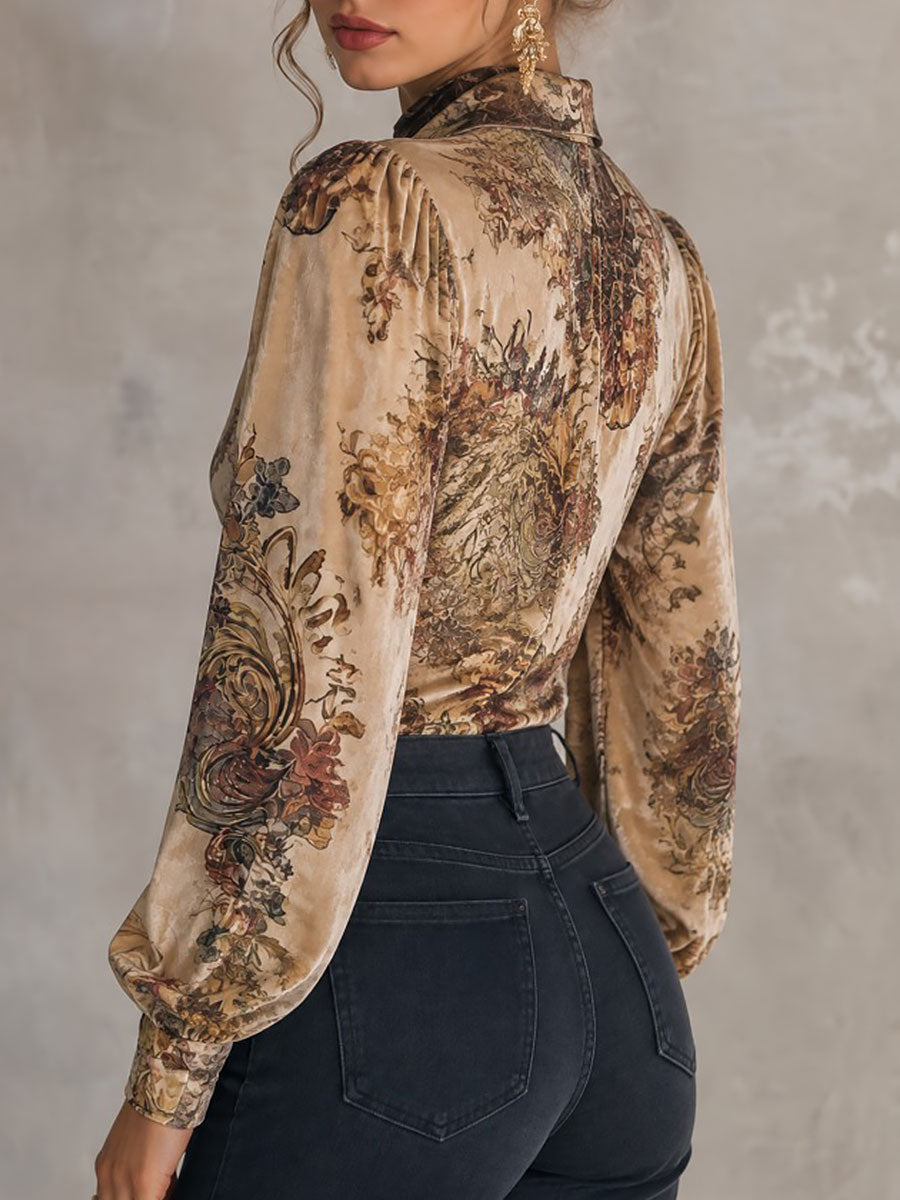 Retro Floral Wrap Blouse with Bishop Sleeves