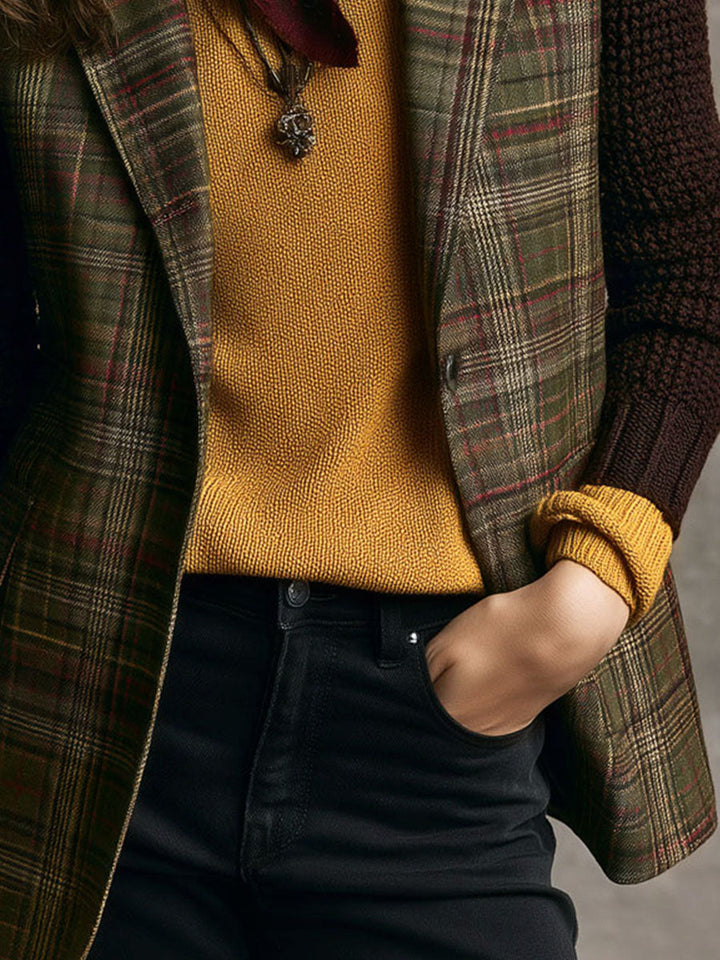 Ρετρό Αγγλικό Τartan Tweed Μπλέιζερ με Πλεκτά Μανίκια