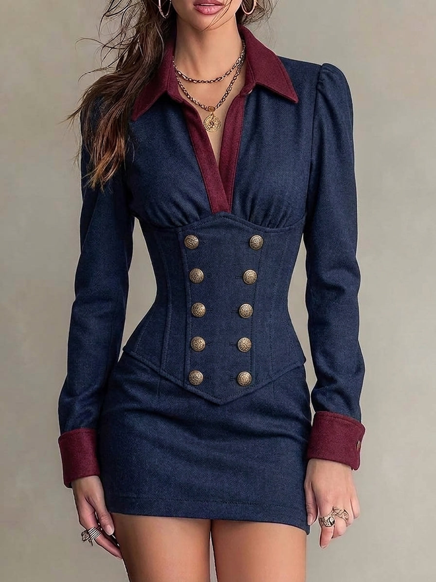 Mini Bodycon Φόρεμα Στρατιωτικού Στυλ με Διπλό Κούμπωμα και Αντίθετο Γιακά