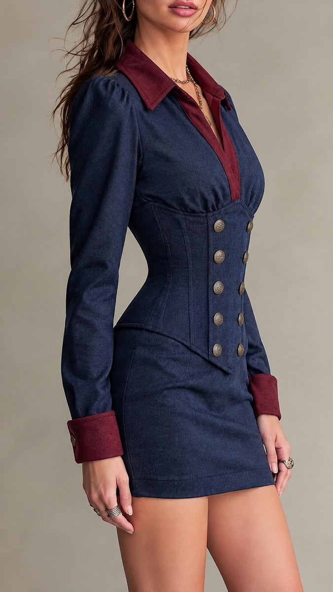 Mini Bodycon Φόρεμα Στρατιωτικού Στυλ με Διπλό Κούμπωμα και Αντίθετο Γιακά