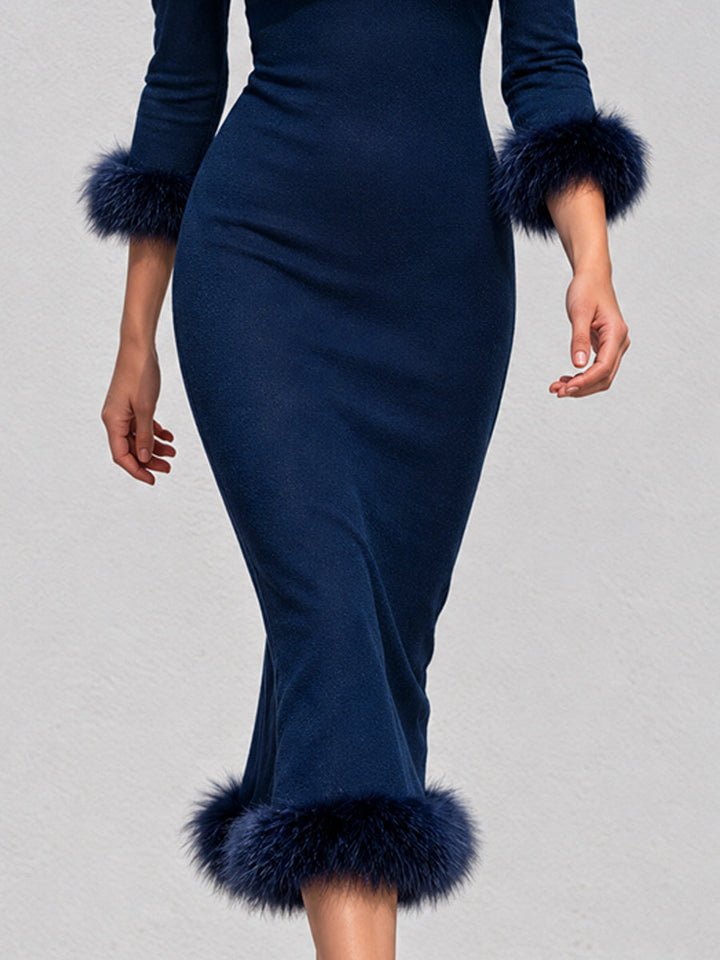 Retro Boho Midnight Midi Dress with Fur Trim