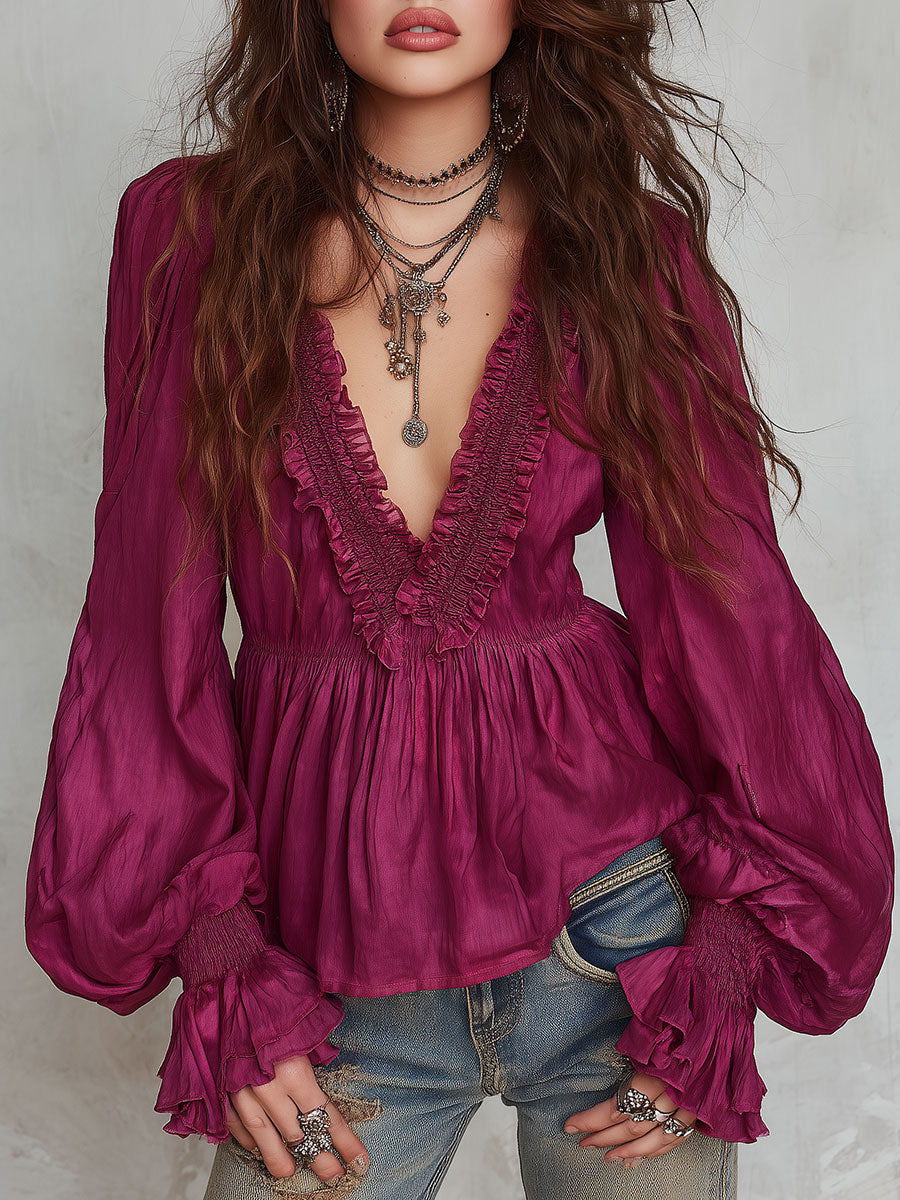 Boho V-Λαιμό Μπλούζα με Φουσκωτά Μανίκια από Tencel και Ριγέ Σχέδιο