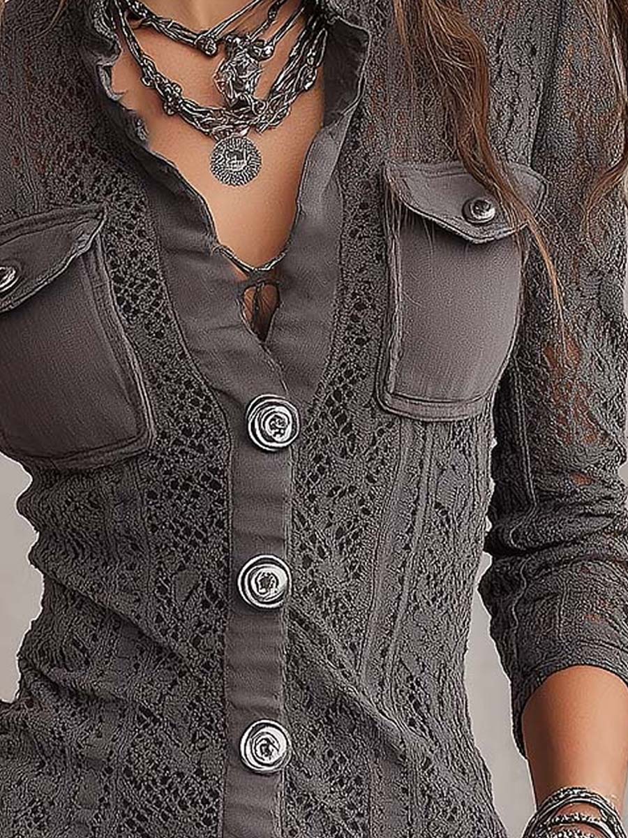 Retro Bohemian Lace-Trimmed Button-Up Shirt