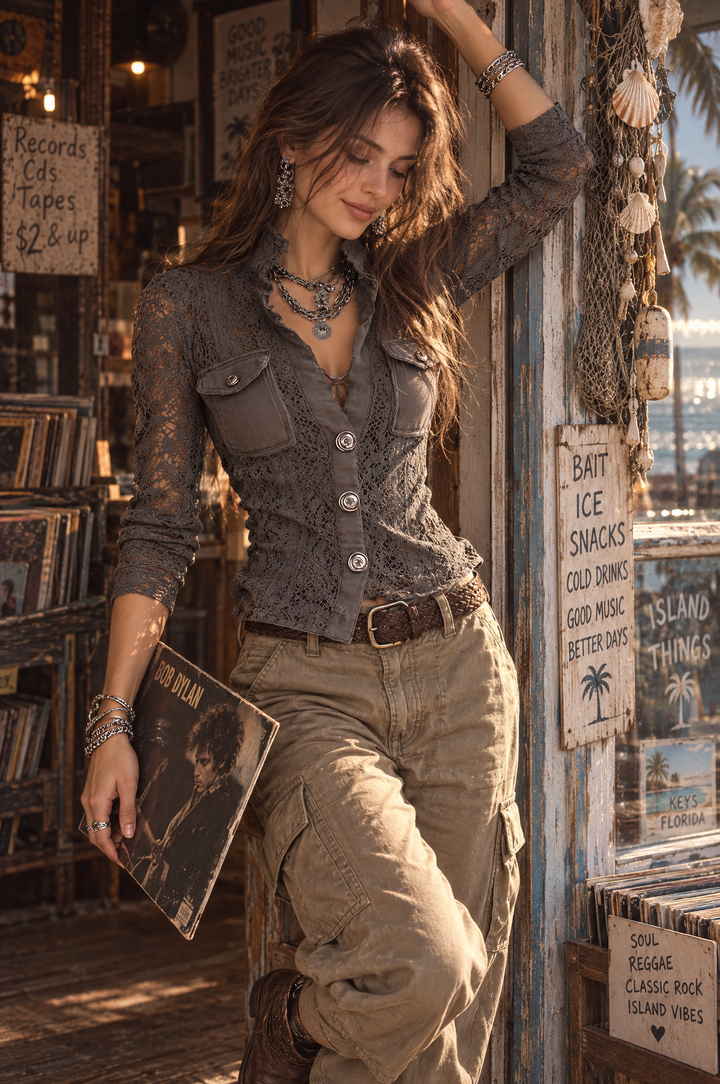 Retro Bohemian Lace-Trimmed Button-Up Shirt