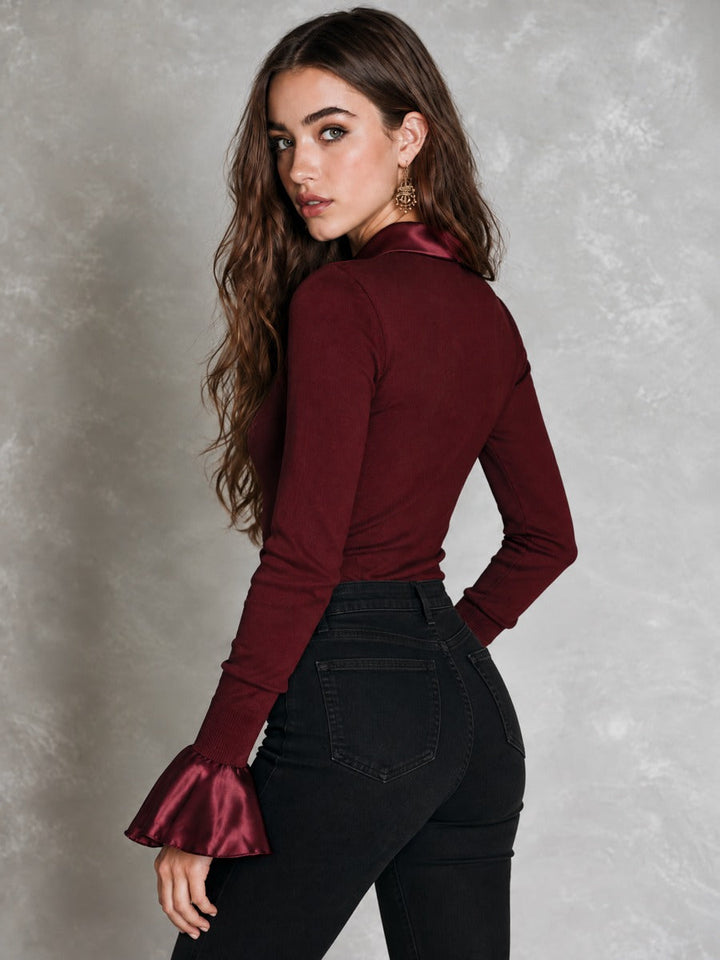 Vintage Burgundy Satin Long Sleeve Ribbed Embroidered Top