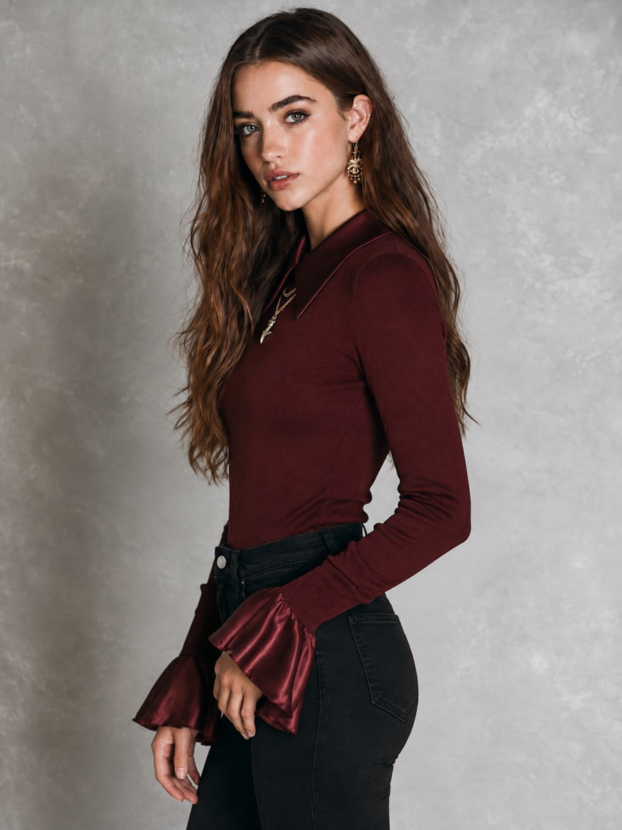 Vintage Burgundy Satin Long Sleeve Ribbed Embroidered Top