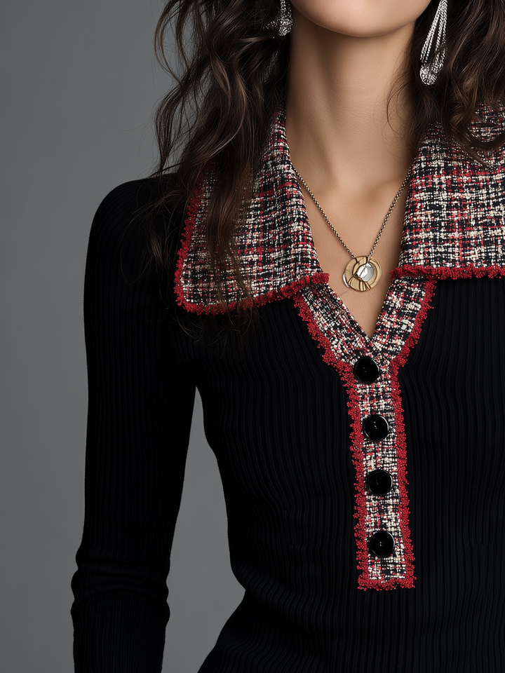 Vintage Μαύρο Πλεκτό Τοπ με Tweed Τρέσα