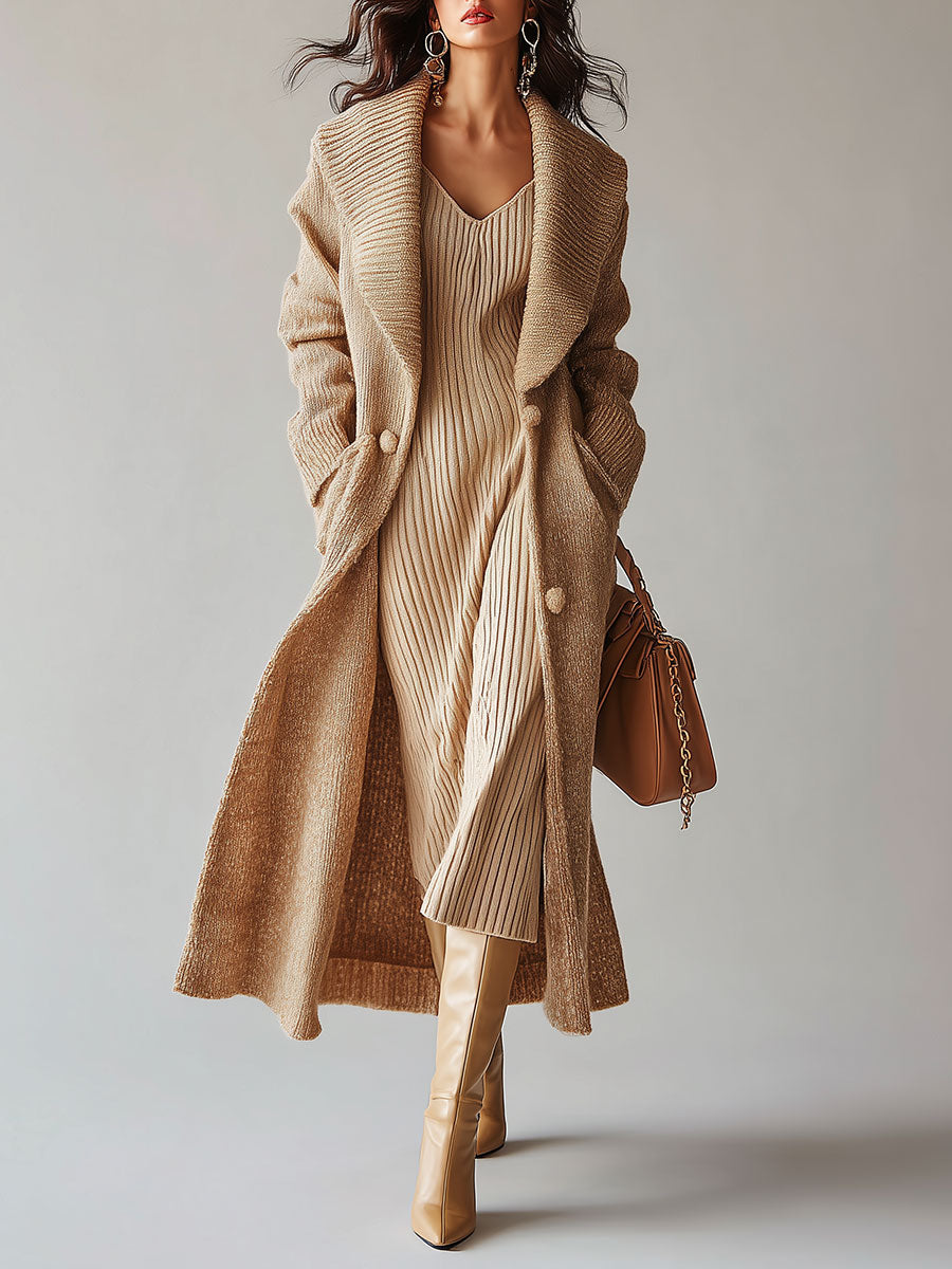 Μπεζ Μακρυμάνικη Πλεκτή Ζακέτα με Σατέν Oversized Γιακά