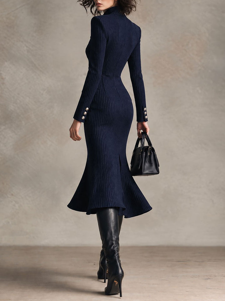 Ρετρό Midi Ναυτικό Φόρεμα με Ραβδώσεις, Υψηλό Λαιμό, Μπροστινή Σχίση και Μεταλλικά Κουμπιά