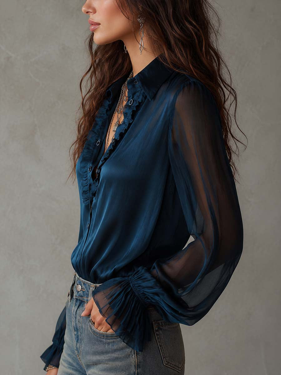 Vintage Tencel Blend Sheer Long Sleeve Shirt with Relaxed Collar