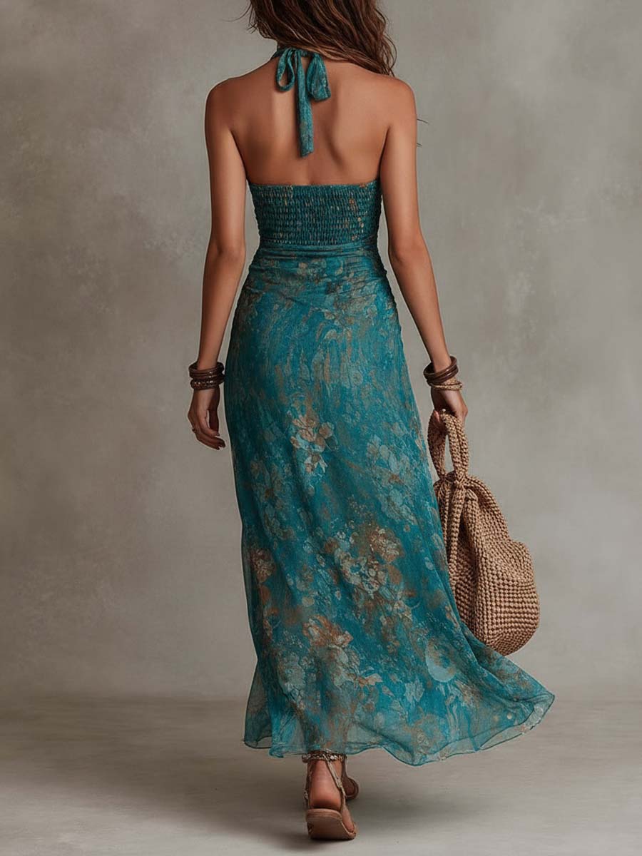 Vintage Bohemian Floral Chiffon Halter Maxi Dress with High Slit