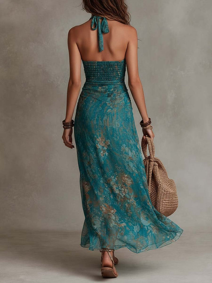 Vintage Bohemian Floral Chiffon Halter Maxi Dress with High Slit