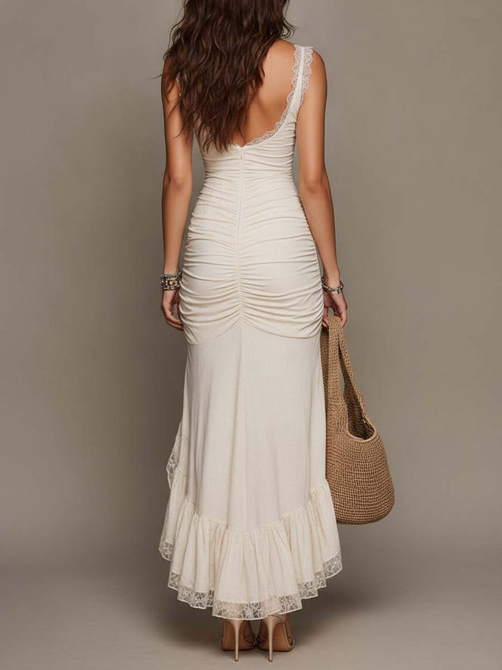 Vintage Boho Ρουστίκ Μίντι Φόρεμα από Βαμβακερό Μίγμα με Δαντέλα και Ψαροκόκαλο