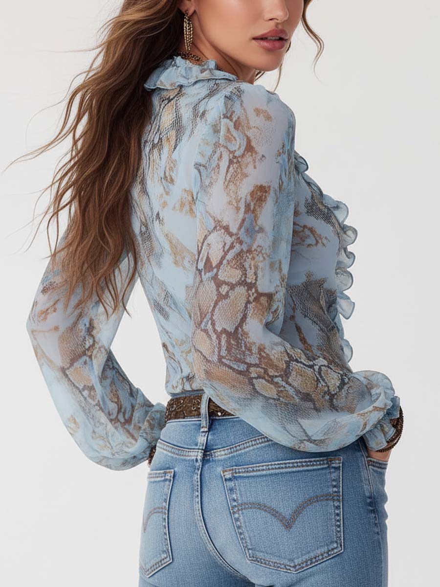 Chiffon Μπλούζα Με Φερμουάρ Στο Μπροστινό Μέρος Σε Γαλάζιο Χρώμα