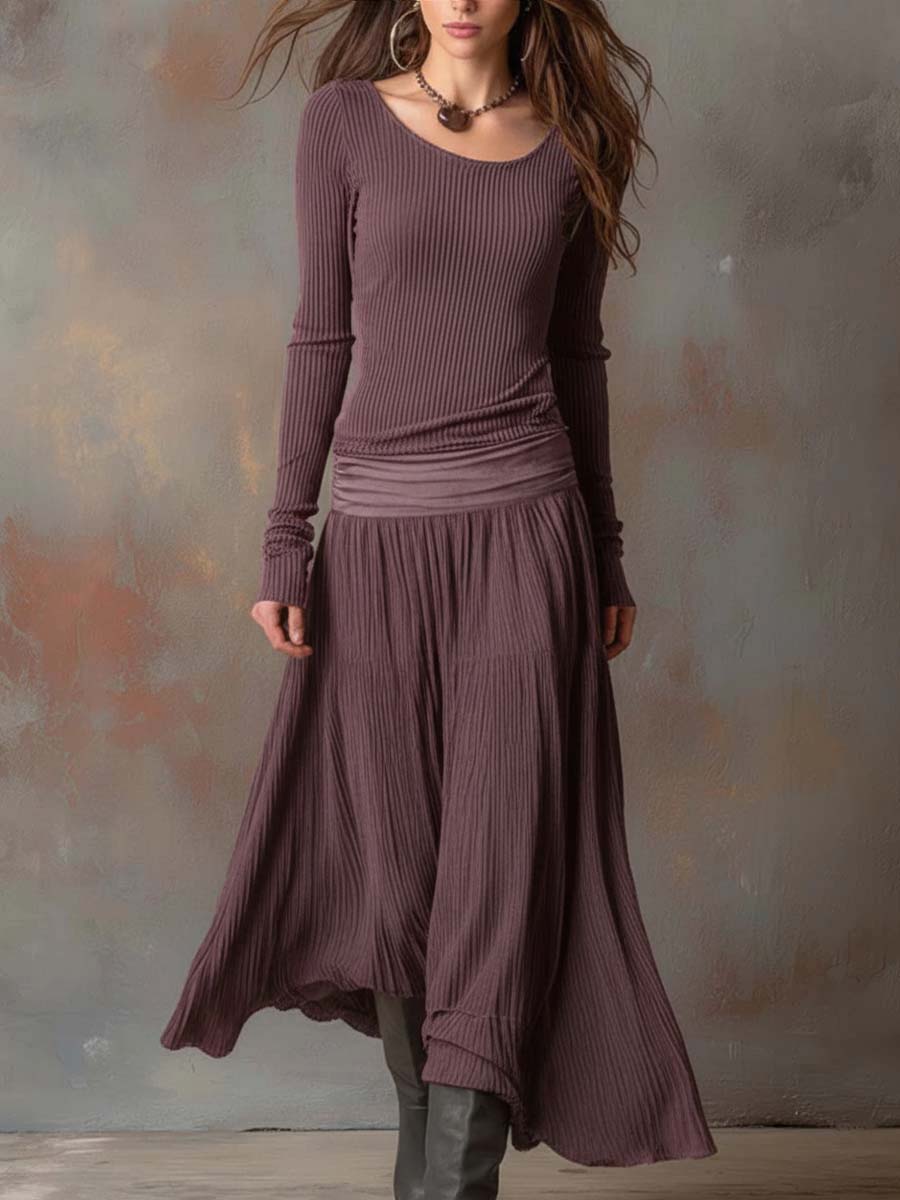 Charcoal Gray Vintage Ribbed Knit Maxi Dress