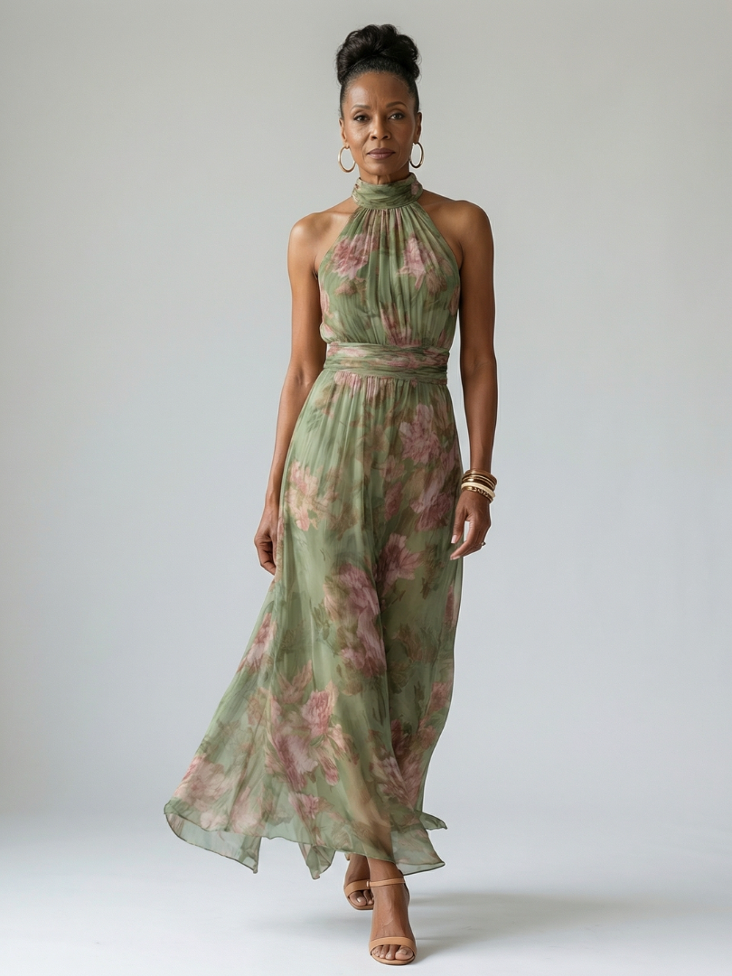 Cármen | Midi Floral Dress with Halter Neckline