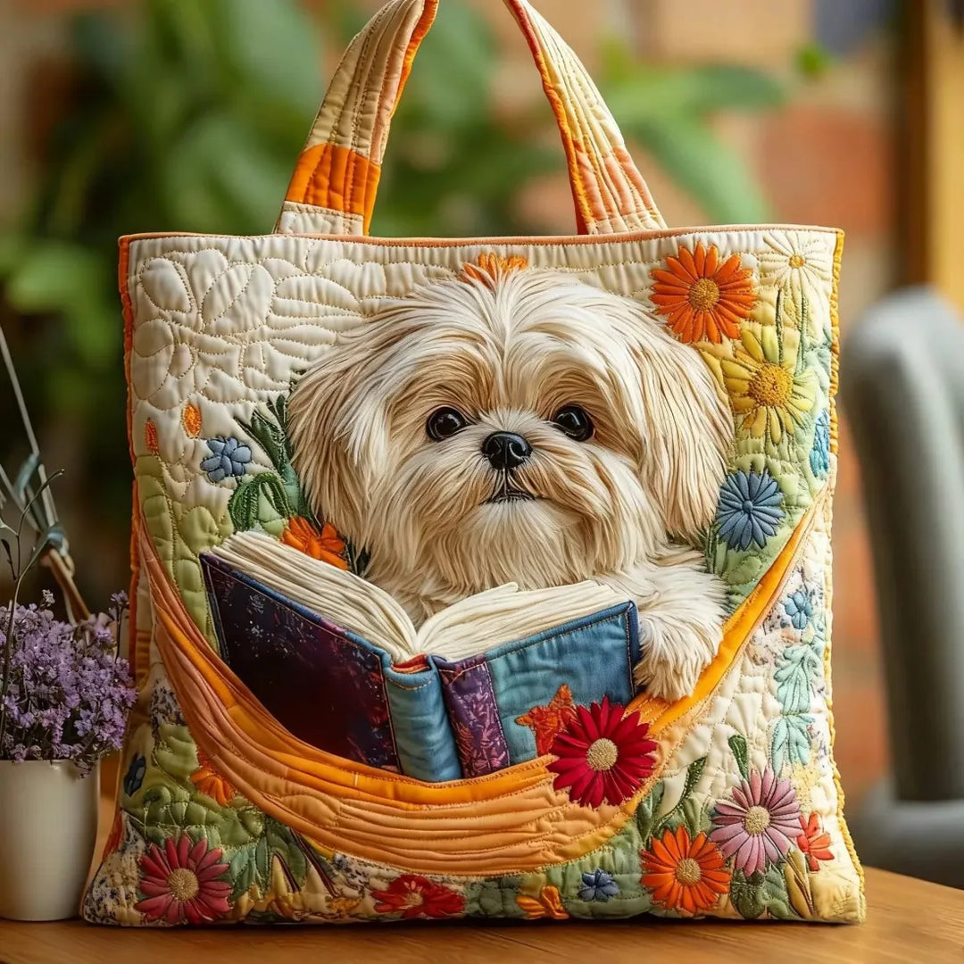Χειροποίητη Τσάντα Shih Tzu με Βιβλία και Λουλούδια