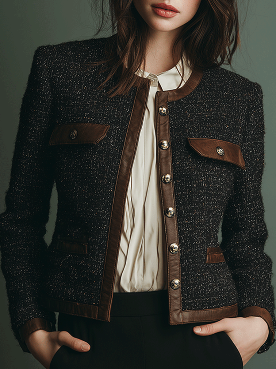 Κλασικό Vintage Μπουφάν από Tweed με Δερμάτινες Στιγμές