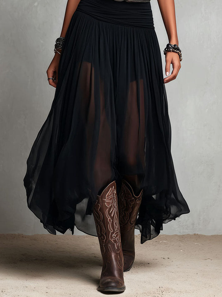 Μαύρο Boho Western Μακρύ Φόρεμα με Διαφανή Φούστα