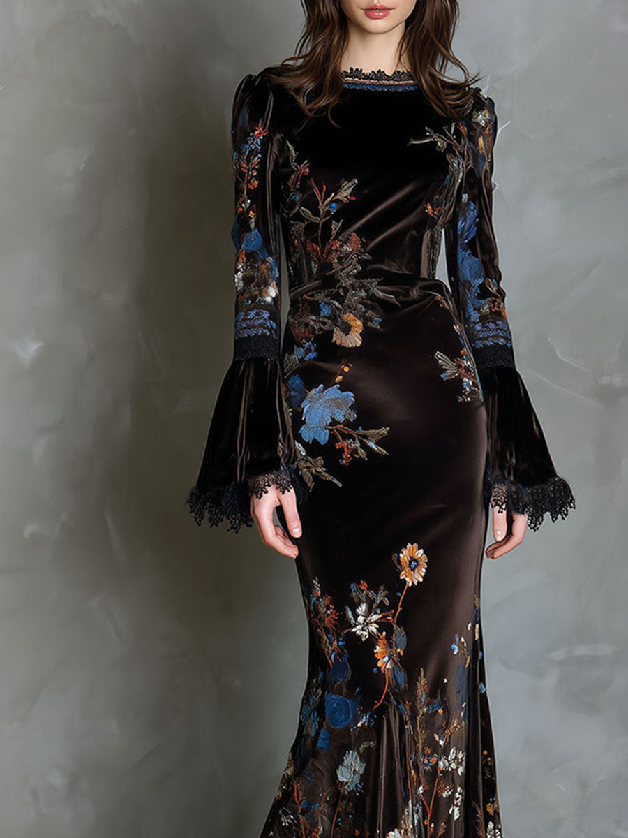Φόρεμα Elegance Midnight Velvet με Λουλούδια και Δαντέλα