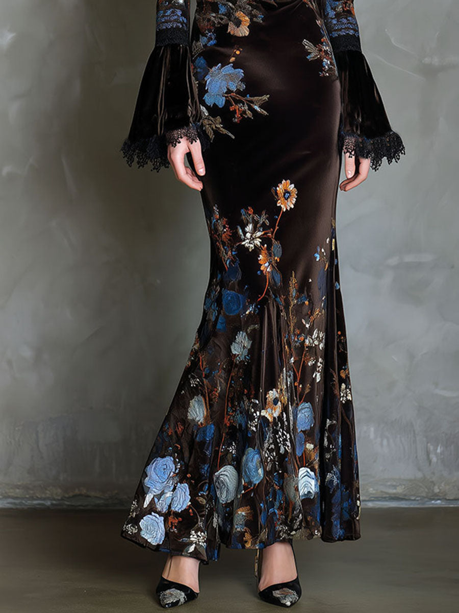 Φόρεμα Elegance Midnight Velvet με Λουλούδια και Δαντέλα