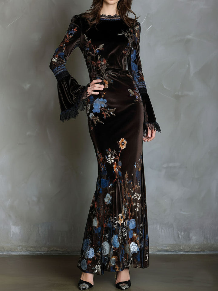 Φόρεμα Elegance Midnight Velvet με Λουλούδια και Δαντέλα