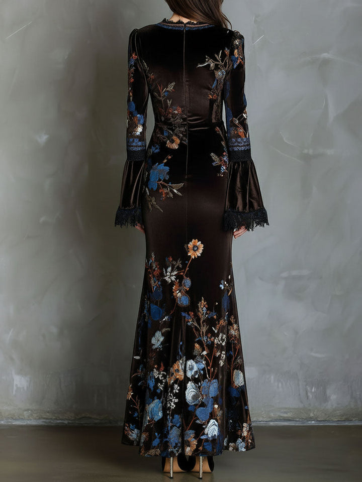 Φόρεμα Elegance Midnight Velvet με Λουλούδια και Δαντέλα