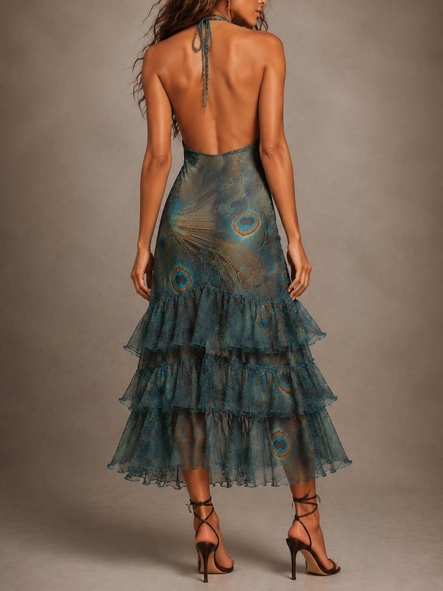 Retro Peacock Print Chiffon Halter Midi Dress with Tiered Ruffles