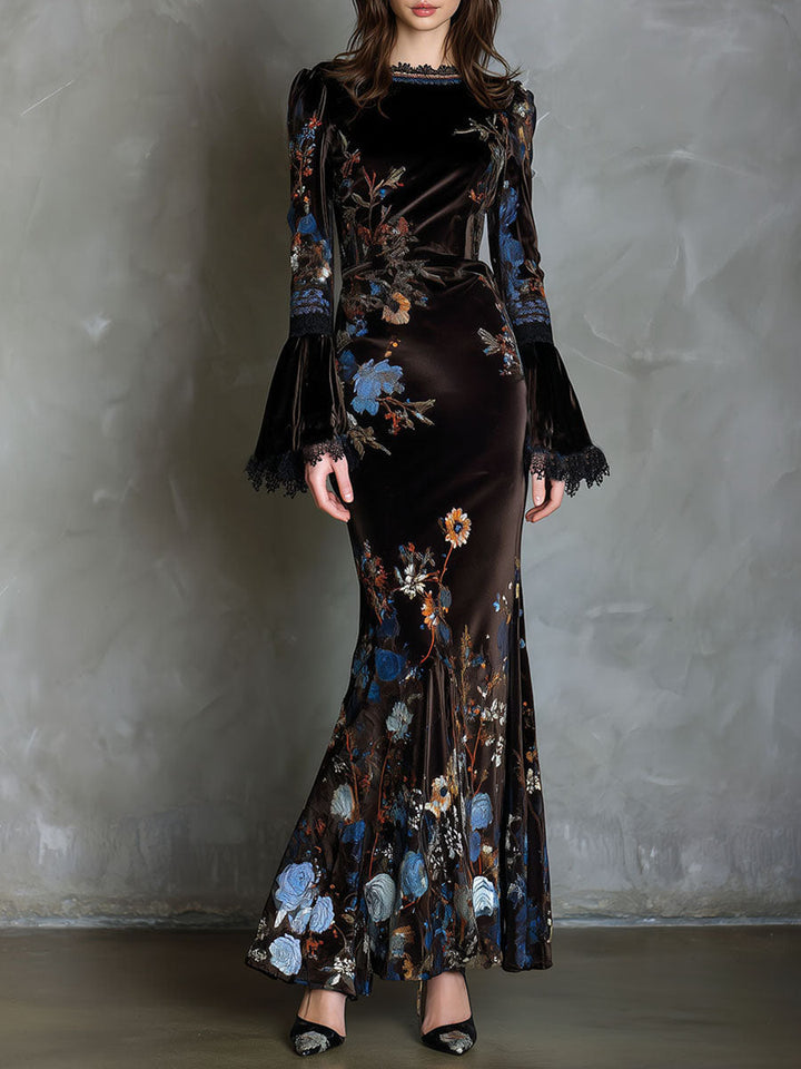 Φόρεμα Elegance Midnight Velvet με Λουλούδια και Δαντέλα