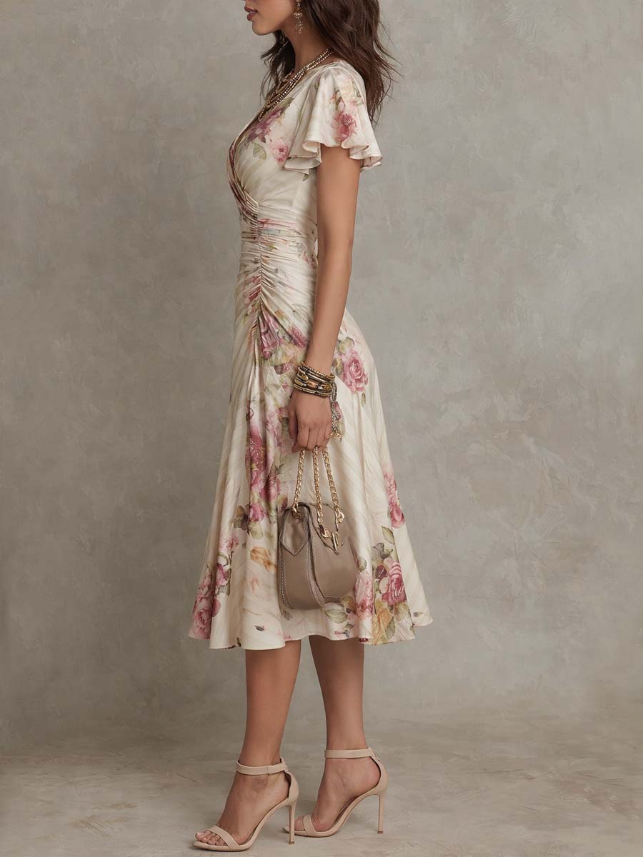 Κομψό Vintage Floral Midi Φόρεμα από Σατέν