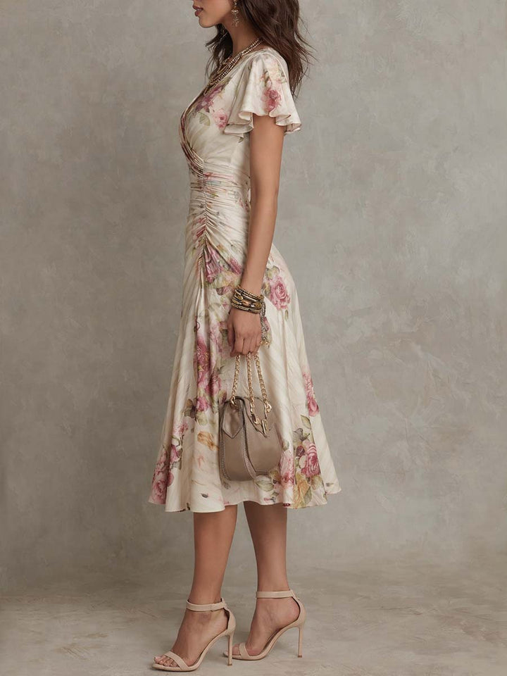 Κομψό Vintage Floral Midi Φόρεμα από Σατέν