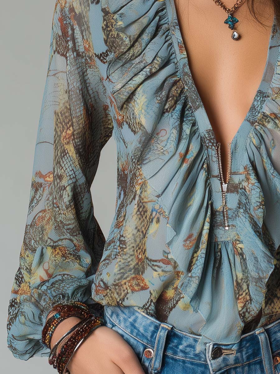 Ραμμένη Μπλούζα Chiffon με Φερμουάρ – Μπλε Ομίχλη με Λουλούδια Φίδι