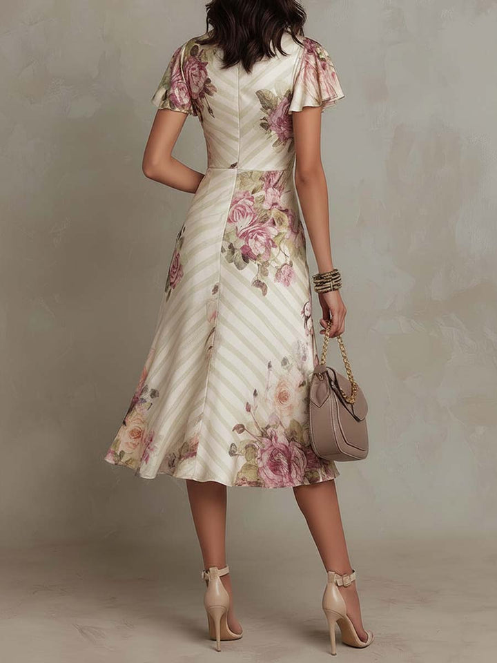 Κομψό Vintage Floral Midi Φόρεμα από Σατέν