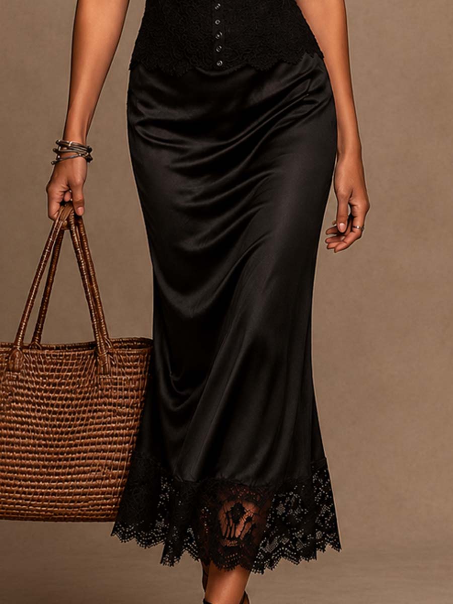 Retro Lace Camisole Midi Dress with Satin Lace Hem
